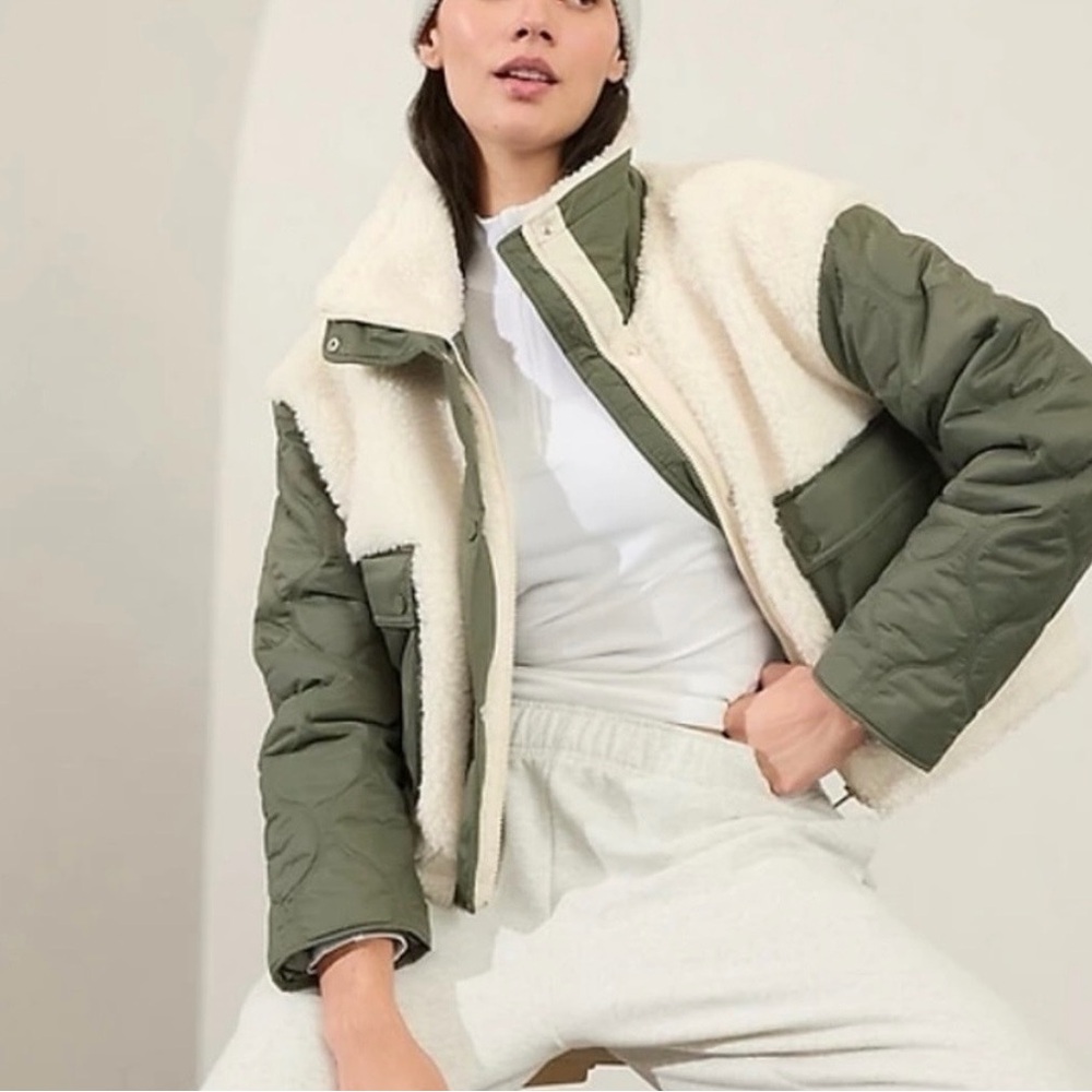 Athleta Fleece Hybrid Green and Cream Teddy Jacket